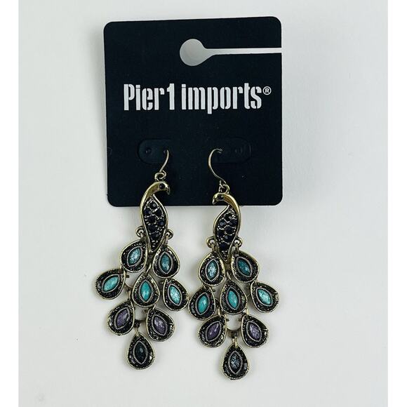Pier 1 Peacock Dangle Earrings Brass tone Green Purple Blue Feathers Bird Cluste - Picture 10 of 10